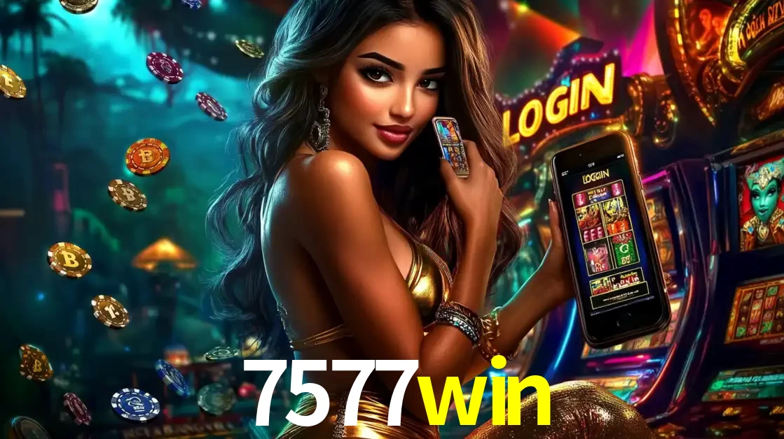 Mulher em um cenário de cassino temático de aventura, mostrando o app de caça-níqueis da 7577win no celular. Fichas de apostas flutuam ao redor.