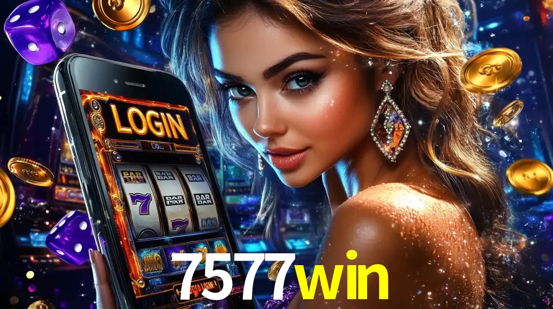 Mulher glamorosa segurando um smartphone com a tela de login para os jogos de caça-níqueis do cassino online 7577win, com moedas de ouro e dados ao redor.