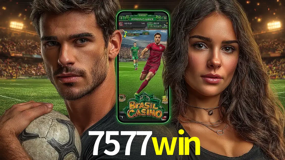 Homem segurando uma bola de futebol e uma mulher ao lado de um smartphone exibindo o jogo de apostas esportivas da 7577win. Faça seu palpite no cassino online.